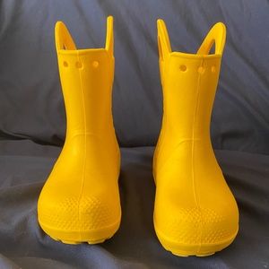 Yellow kids croc rain boots